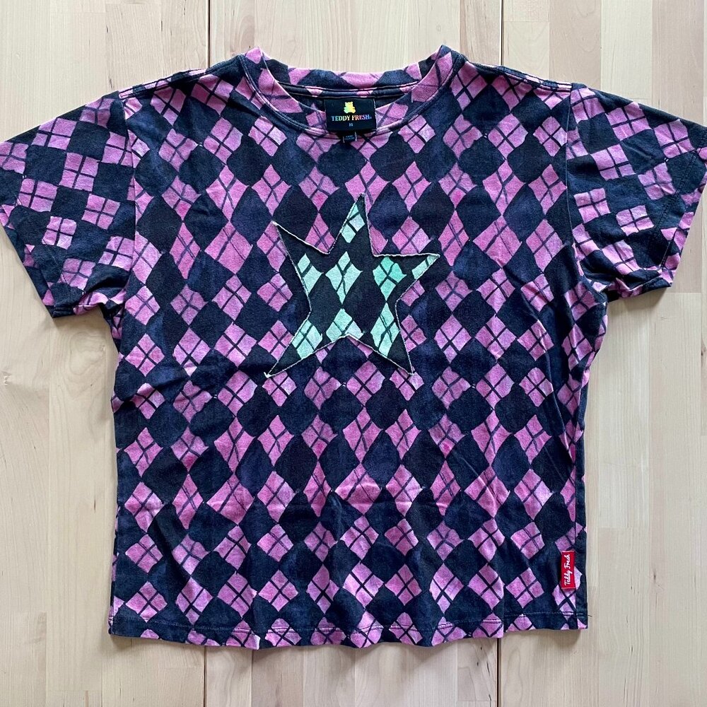 Teddy Fresh Women's Pink & Black Argyle Print Dyed Shirt with Star size Medium